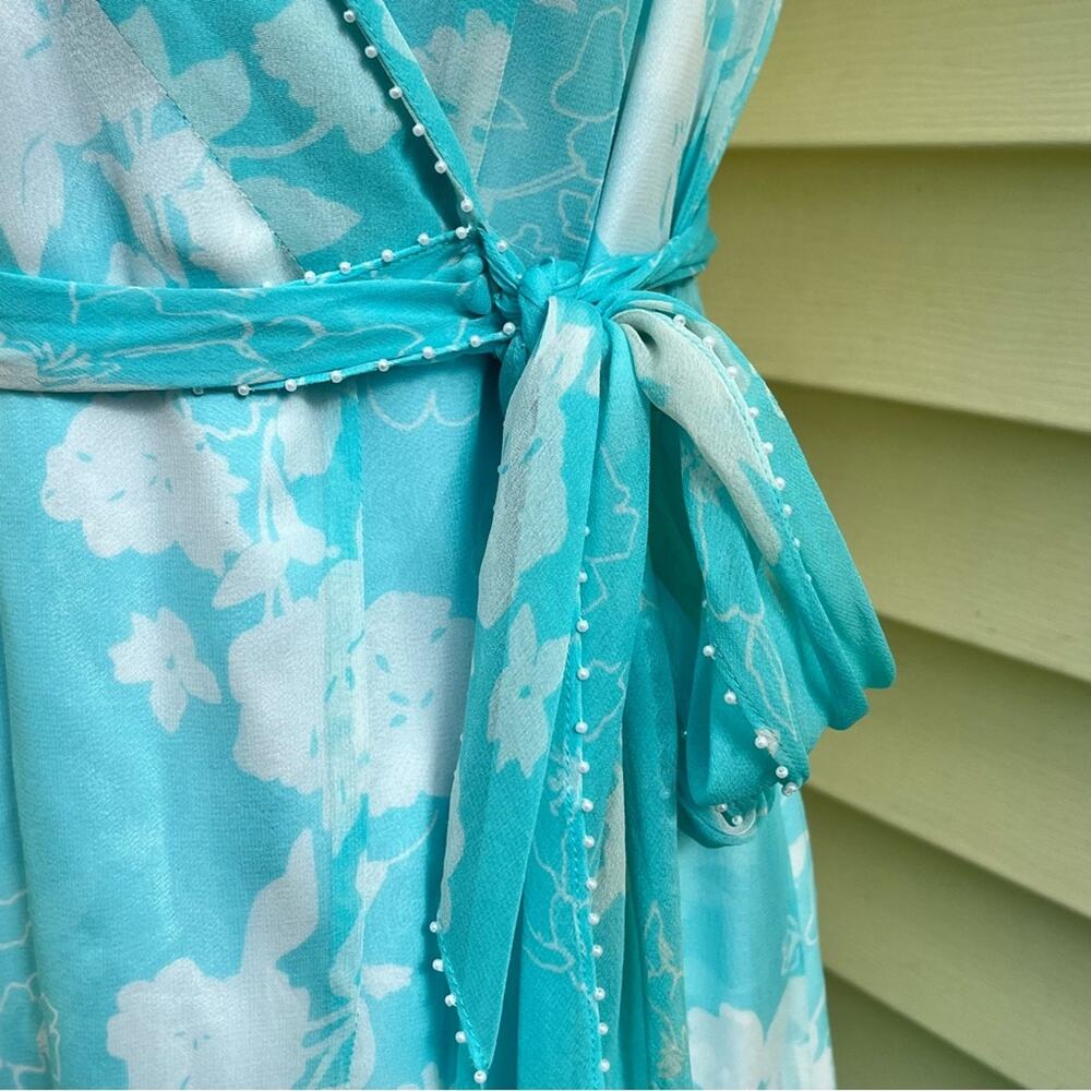 ICE Blue Silk Floral Wrap Dress Pearls Romantic Vintage Y2K Tie Women's Small - Picture 3 of 10